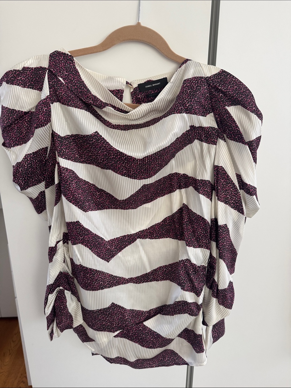 Isabel Marant White and Plum Striped Pleated Puff-Sleeve Blouse